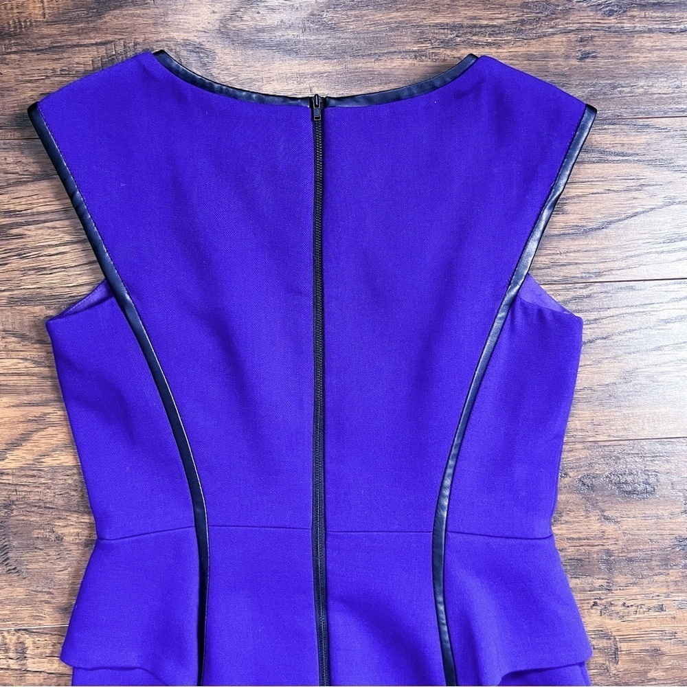 MILLY • Pipe-Trim Peplum Dress purple stretch wool black vegan leather - Picture 10 of 11